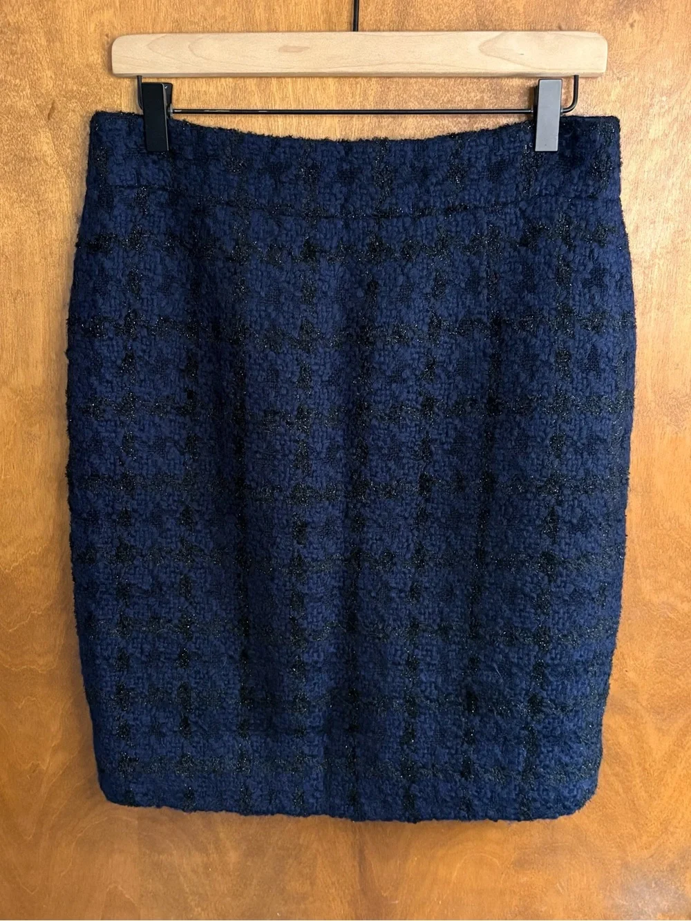 J. Crew Navy Blue Wool Tweed Pencil Skirt Plaid Office Work Career Metallic Boho
